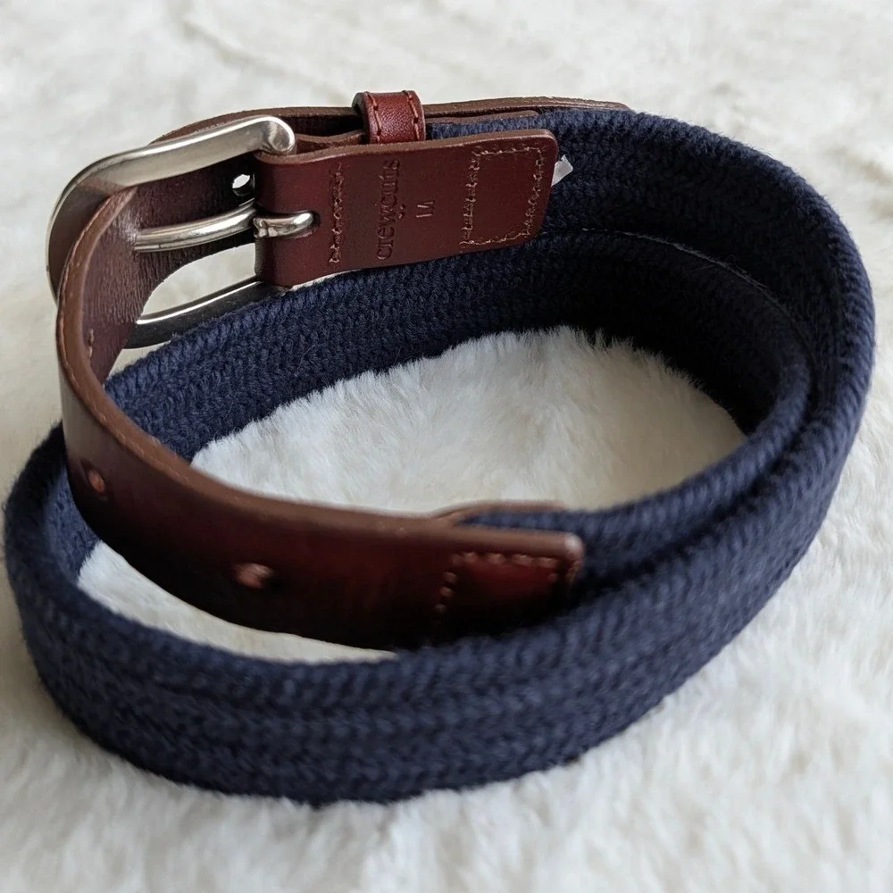 Crewcuts Boys Navy Blue Woven Belt Brown Leather Trim Silver Buckle Medium